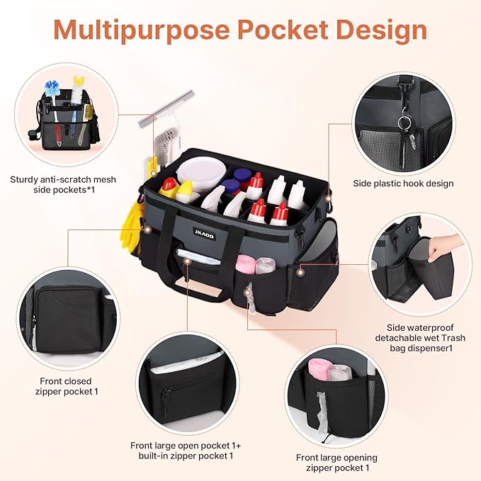 JKAOO Large Wearable Cleaning Caddy Bags,Cleaning Supplies Storage Bag with Handles and Adjustable Shoulder Strap and Removable Waist Straps,Waterproof Cleaning Bags for Home,Car,Office (Gray)
