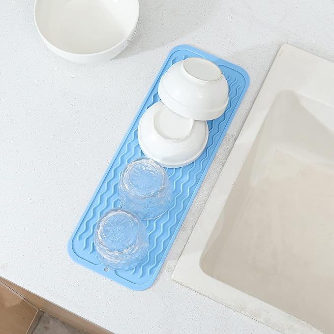 MicoYang Silicone Dish Drying Mat for Multiple Usage,Easy clean,Eco-friendly,Heat-resistant Silicone Mat for Kitchen Counter,Sink,Bar,Bottle,or Cup Light Blue M 17 inches x 6 inches
