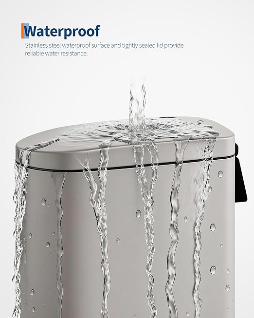 Garvee 2.6 gal / 10 L Metal Bathroom Trash Can with Lid, Slim Waterproof Garbage Can for Bedroom, Small Step-on Trash Bin with Inner Bucket, Rear Handle, Soft Close Lid, Grey
