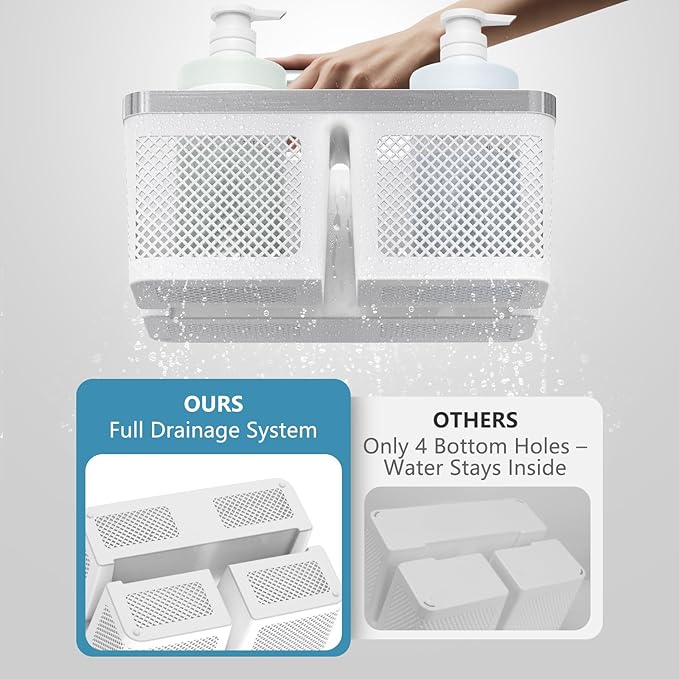 BYUNER 2Pack Shower Caddy Dorm: Portable Bathroom Caddy Organizer with Handle and Holes, Plastic Cleaning Caddy, Hard Shower Basket Storage Tote for Toiletry, College Dorm Room Essentials White/Silver