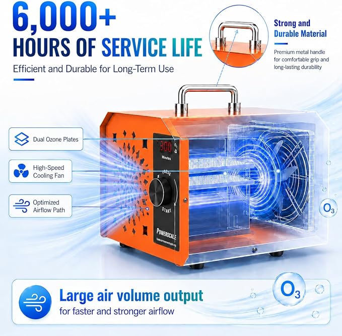 Powerscale OZB3 Industrial Ozone Generator 250,000mg/h for Fire/Smoke Damage, Pet Urine Odor, Large Homes, Restoration & Commercial — Ozone Machine Odor Eliminator, Orange