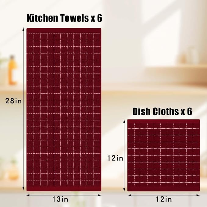 Homaxy Kitchen Towels and Dishcloths Set, 12 x 12 and 13 x 28 Inches, Set of 10 Bulk Cotton Terry Kitchen Towels Set, Checkered Designed, Soft and Super Absorbent Dish Towels, Brick Red