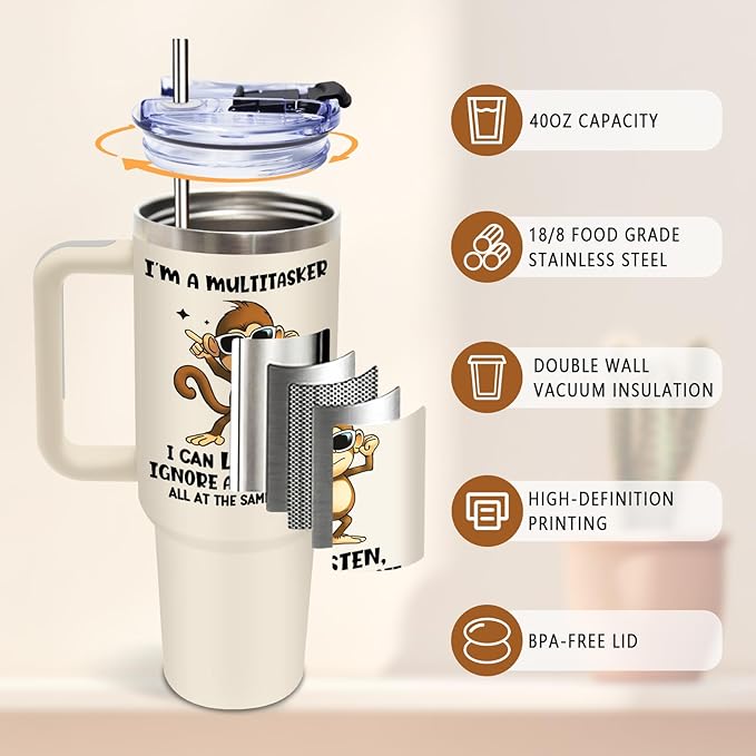 DUUV Multitasker Tumbler 40 Oz, Funny Monkey Design, Stainless Steel Insulated Mug with Humorous Multitasking Quote, Christmas Thanksgiving Gift for Busy Individuals, Co-Workers, and Friends, 1PCS
