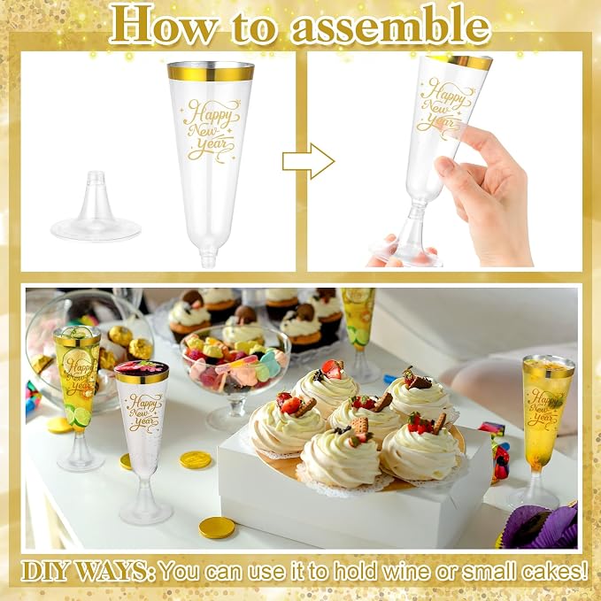 Jingmore 48 Pack 2027 Happy New Year Gold & Sliver Rimmed Plastic Champagne Flutes Cheer to 2027 Celebration New Years Eve Party Supplies 5oz Disposable Cocktail Cups Transparent Party Favors (Gold)