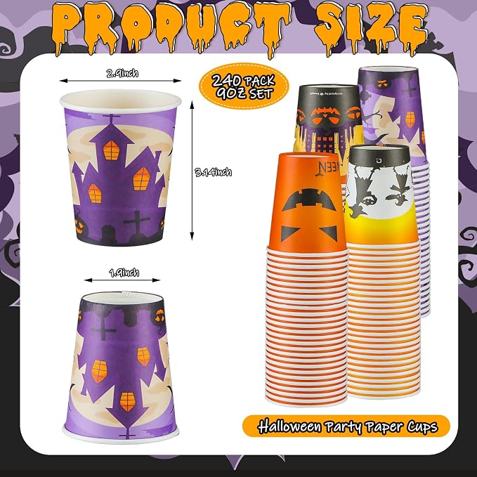 Qeeenar 240 Pcs 9 oz Halloween Disposable Paper Cups, Witch Design, Cylindrical Shape, Hot Drinks, Purple & Orange Colors, Halloween Party Supplies