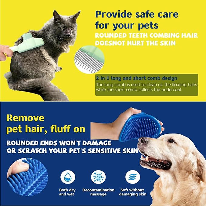 New BIONEMAGILI 4-in-1 Pet Hair Removal Kit - Refillable Lint Roller + Self-Cleaning Deshedding Comb + Electrostatic Glove + Soft Rubber Bath Brush, Multi-Surface Hair Remover for Cats/Dogs/Blue