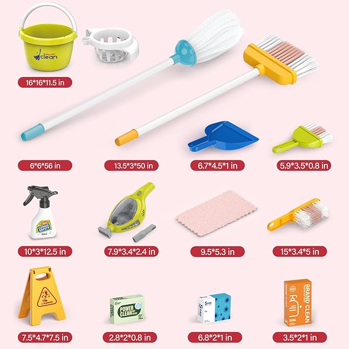 Toddler Cleaning Toy Set, Kids Cleaning Set - Pretend Play Educational Kit with 2-in-1 Toy Vacuum, Mobile Cleaning Cart, Broom & Dustpan, Home Cleaning Toys for Boys Girls(Red)