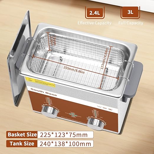 SOUTH BASE Ultrasonic Cleaner,3L 120W Stainless Steel Ultrasonic Jewelry Cleaner with Cleaning Basket,Timer&Heater,Encoded Sonic Cleaner for Cleaning Jewelry,Eyeglasses,Coins