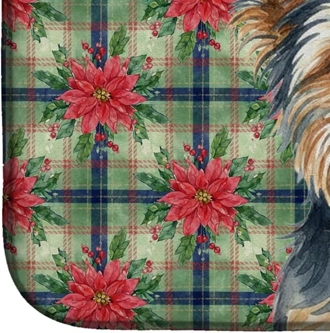 Caroline's Treasures Blue and Tan Yorkshire Terrier Christmas PoinsettIas Dish Drying Mat Absorbent Dish Drying Mat Pad for Kitchen Counter Dish Drainer Mat for Countertop, 14 x 21", Multicolor
