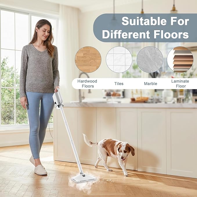 Steam Cleaner, 6 in1 Rotated Steam Mop Cleaner with 2 Modes, 2 Microfiber Pads, 400ML Removable Tank, 23FT Power Cable, Detachable Steam Mops for Floor, Laminate Floor, Tiles Cleaning (Onion White)