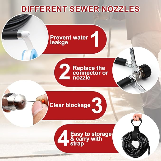 100 FT Sewer Jetter Kit for Pressure Washer, 5800 PSI High-Pressure Drain Cleaning Hose, 1/4 Inch NPT with 3 Nozzles, Watertight Tape, Handle Strap & 2 Spanners, Drain Cleaning Solution