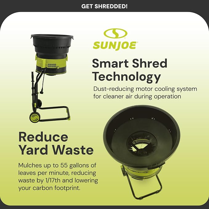Sun Joe 15 Amp Bladeless Electric Leaf Mulcher & Shredder, 8,000 RPM, Mulches Up to 55 Gallons Per Minute, for Wet or Dry Yard Waste, SDJ617E