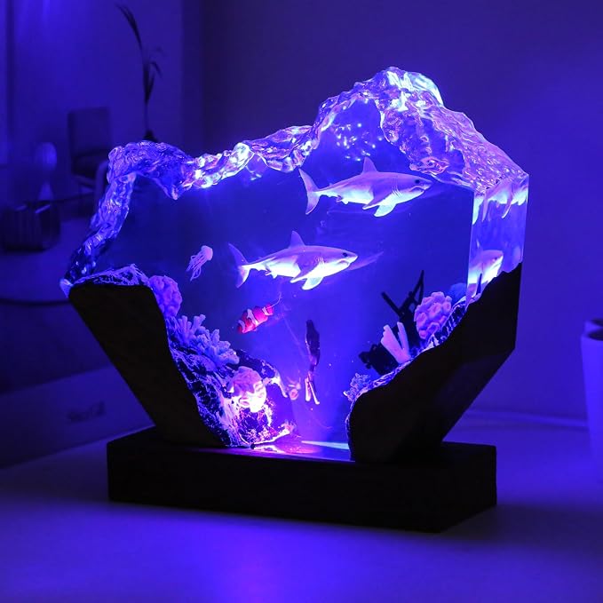 Shark Resin Lamp, Scuba Diving Resin Ocean Lamp,Handmade Shark Decor Bedside Nightlight with Wooden Base, RGB Mode, Ocean Lovers Collectibles, Gifts for Christmas,Birthday Holiday (L 10"X6")