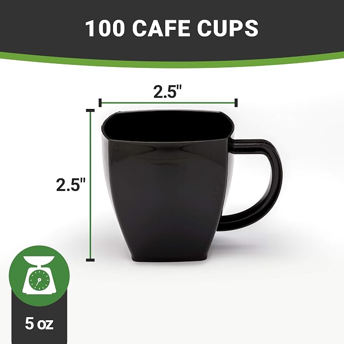 Restaurantware-5 Ounce Square Espresso Cups, 100 Disposable Plastic Coffee Cups - PS Plastic, With Handles, Black Dessert Cup, For Catering Events, Parties, Weddings, And Cafes