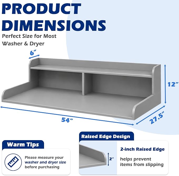 Royxen Laundry Countertop with Storage Universal Fit, Washer and Dryer Countertop with Shelf, Laundry Room Storage, 2-Tier Shelf (Grey)
