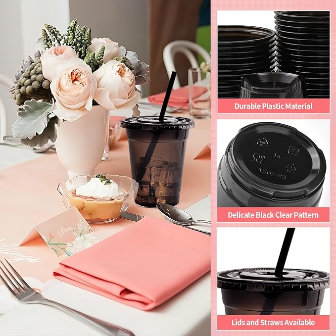 100 Set Black Plastic Cups with Lids and Straws 12 oz Disposable Drinking Clear Cups for Wedding Black Birthday Party Supplies