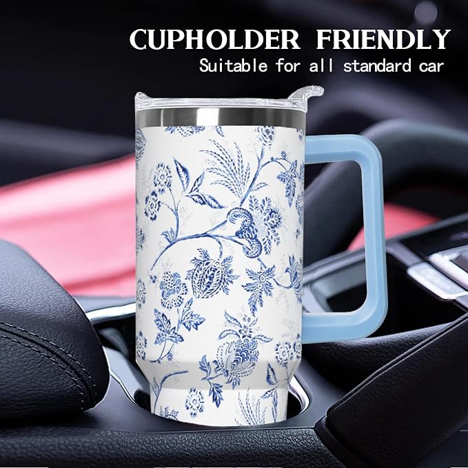 Ceovfoi 40 Oz Boho Flower Tumbler With Handle, Boho Floral Coffee Travel Mug Cup Water Bottle, Floral Gifts for Women