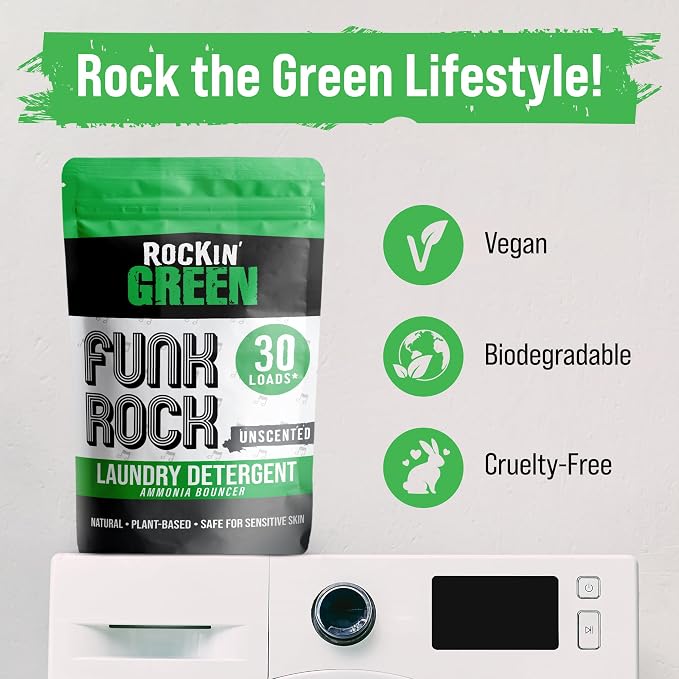Rockin’ Green Funk Rock Ammonia Bouncer Laundry Pre-Soak, Odor Remover for Activewear, Cloth Diapers, Pet Bedding & Laundry, Unscented Powder, 30 Loads