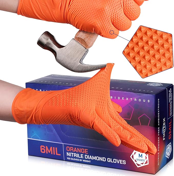 FINITEX Industrial Diamond Texture Nitrile Orange Glove - 100/1000PCS Chemical Resistant 6.3mil Mechanic Disposable Gloves