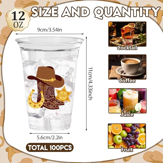 100Pcs Western Cowboy Plastic Party Cups, 12oz Cowboy Party Disposable Clear Cups for Western Parties, Birthday, Baby Shower Drinking Cups, Rodeo Party Favors (2 Styles)