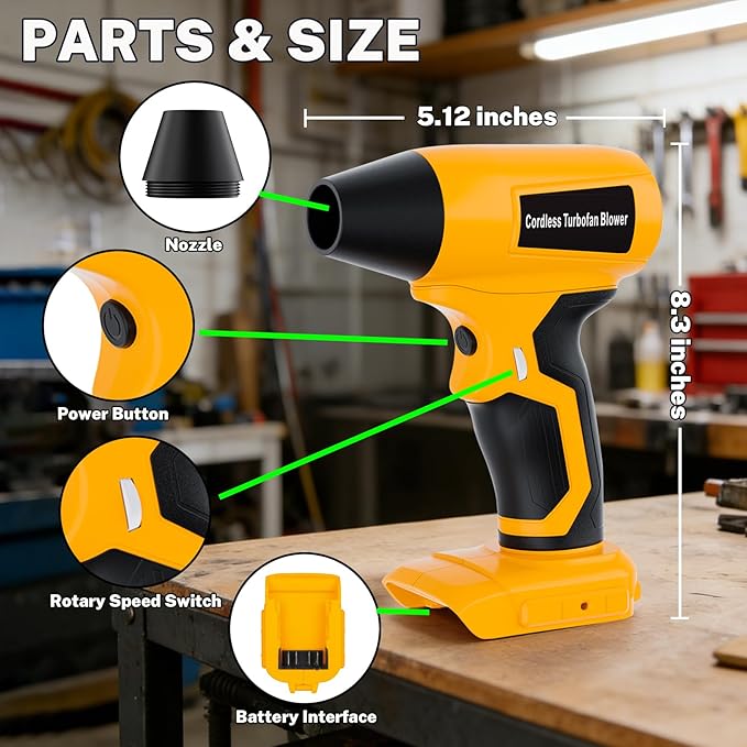 Cordless Dust Blower Compatible with Dewalt 20V Max Battery, Handhled Leaf Blower Electric Compressed Air Duster Turbo Jet Fan with Nozzles for Blowing Leaves and Dust(Battery Not Included)