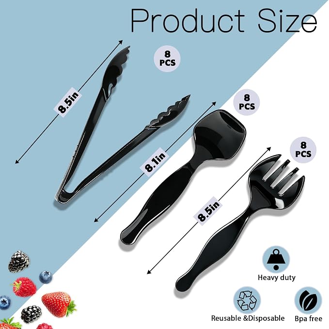 24 Pcs Black Plastic Serving Utensils Set - Large Serving Tongs, Serving Forks, Serving Spoons - Heavy Duty Disposable Serving Utensils for Parties, Buffet, Catering Supplies (Black, 24 Pcs)