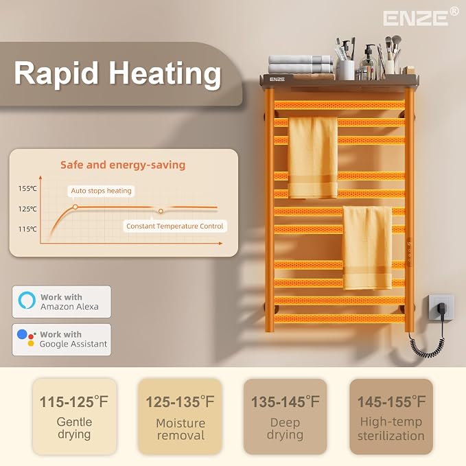 ENZE Smart Heated Towel Rack, 11-Bar Wall-Mounted Electric Towel Warmer with Shelf, Wi-Fi App Control, Adjustable Temperature & 24H Timer, Low Carbon Steel, IPX5, Plug-in/Hardwired, Gray