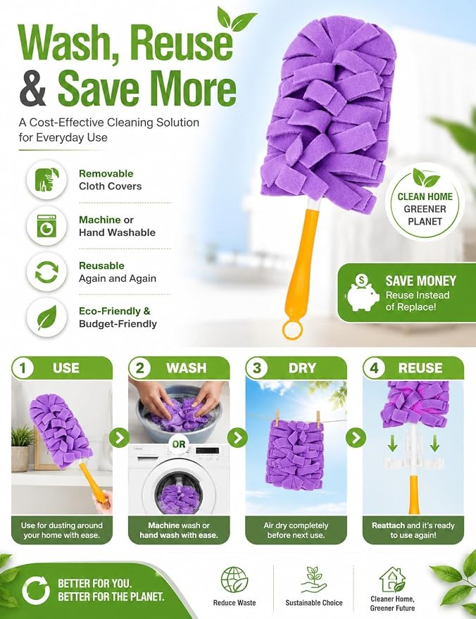 Duster Refills Damp Reusable Microfiber Pads Bendable Chenille Replacement Heads Dust with Removable Washable Cloth Covers with Extended Handle Fleece for Cleaning Dry Heavy Duty