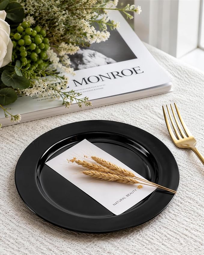 bUCLA 100 Pieces Black Plastic Plates - 6.25 inch Disposable Dessert/Salad/Appetizer/Small Cake Plates for Party, Graduation & New Year