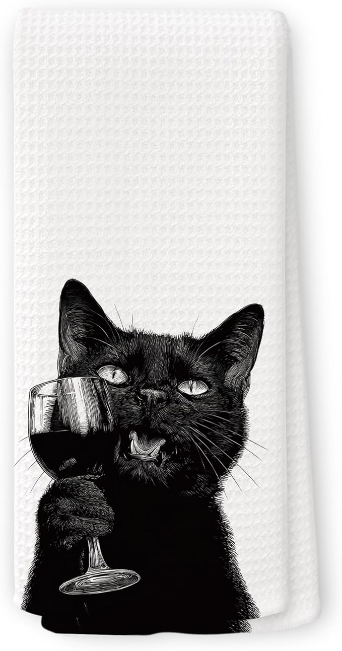 Funny Black Cat Wine Kitchen Towels, Gifts for Dog Wine Lovers, Bar Accessories Dish Tea Towels for Kitchen, Dog Owners Housewarming Gift Decorative Hand Towel 16x24 Inch