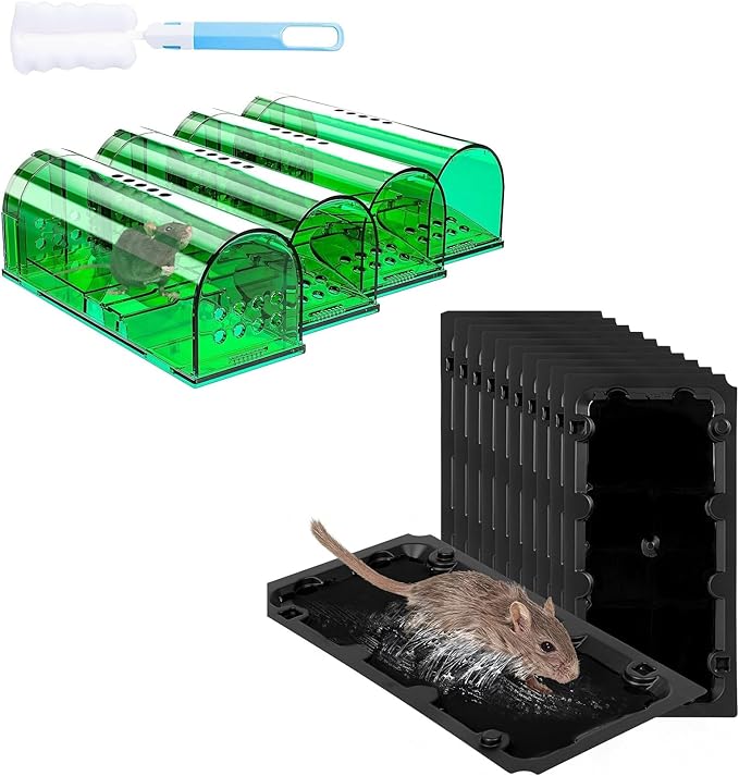 4 Pcs Humane Mouse Traps No Kill, Live Mouse Trap and 10 Pack Sticky Mouse Trap Rat Traps Indoor, Peanut Taste Pheromone Mouse Traps Indoor for Home Bundle