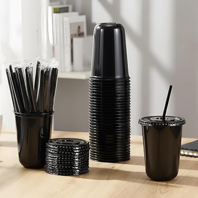 Ziliny 25 Sets Clear Round Bottom Plastic Cups with Lids and Straws, Cute Disposable Drinking Coffee Cups, for Christmas Valentine's Galentine's Day Party Wedding Birthday Supplies (16oz,Black)
