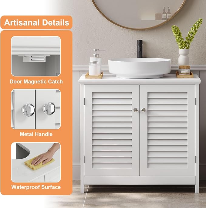 U-Shaped Pedestal Sink Storage Cabinet with 2 Doors & Shelf, Freestanding Bathroom Vanity Organizer Under Sink, 60cm Wide MDF Cupboard for Toiletries & Cleaning Supplies, White