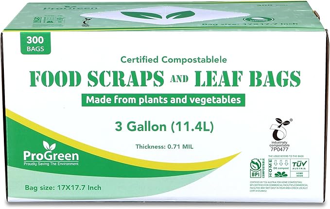 Compostable Bags 3 Gallon, Extra Thick 0.71 Mil, 300 Count, Small Kitchen Trash Bags, Food Scraps Yard Waste Bags, ASTM D6400 BPI And TÜV AUSTRIA Certified (300)