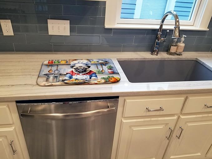 Caroline's Treasures DAC6311DDM Pug The Chef Dish Drying Mat Absorbent Dish Drying Mat Pad for Kitchen Counter Dish Drainer Mat for Countertop, 14 x 21", Multicolor