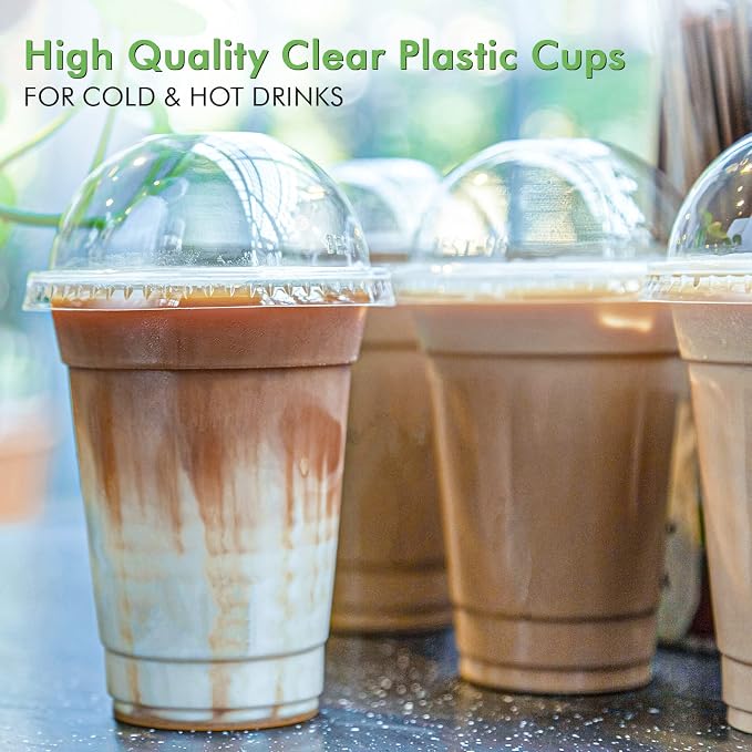 FOCUSLINE 200 PACK 16oz Clear Plastic Cups with Lids, Disposable Cold Drinking Cups, 16 Ounce Large Clear Cup with Dome Lids with Holes for Smoothie, Milkshake, Bubble Tea, Parfait