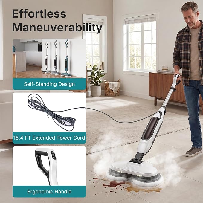OLIXIS Steam Mop, All-in-One Scrubbing Steam Mops for Floor Cleaning with Rotating Pads, Floor Steamer with 2 LED Lights, 4 Cleaning Modes, Swivel Steering, 16.4 FT Cord, Safe for Hardwood and Tile