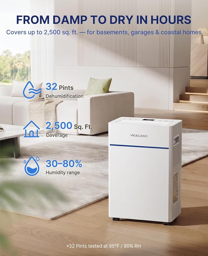 VEAGASO 2500 Sq.Ft. Dehumidifier for Basement with Drain Hose, 32 Pints Dehumidifiers for Home, Bedroom, Garage, 38dB Sleep Mode, Auto-Defrost, 3 Modes, 24H Timer