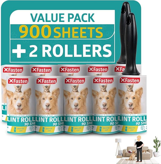 XFasten Lint Rollers for Pet Hair - Extra Sticky (900 Sheets/10 Refills/2 Upgrade Handles) Heavy Duty Portable Lint Remover Brush for Clothes, Dog Cat Furniture