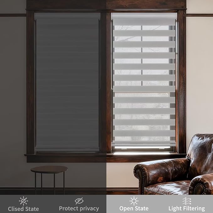 MYshade Cordless Zebra Blinds with Free-Stop Function - Dual Layer Light Filtering & Privacy Sheer Shades for Day and Night - Easy Install Window Shades for Home, Living Room, 40" W x 72" H,Grey