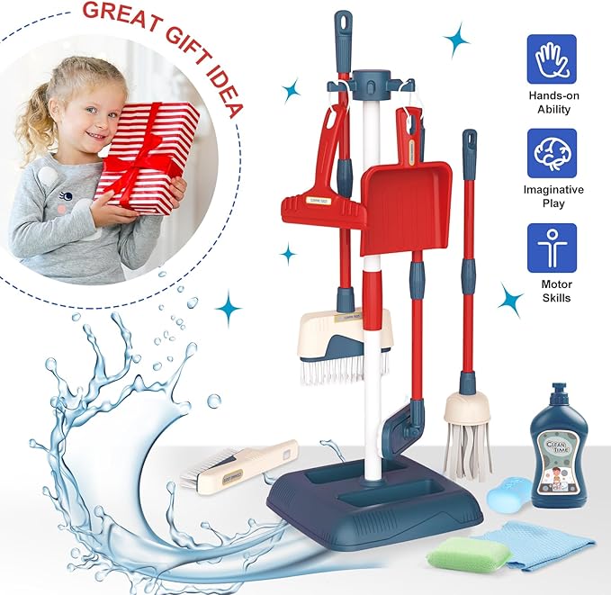Toddler Toys Cleaning Set, Kids Cleaning Toy Stand Set, Pretend Play Home Cleaning Tools Toys Playset，Broom, Dustpan, Mop, Duster