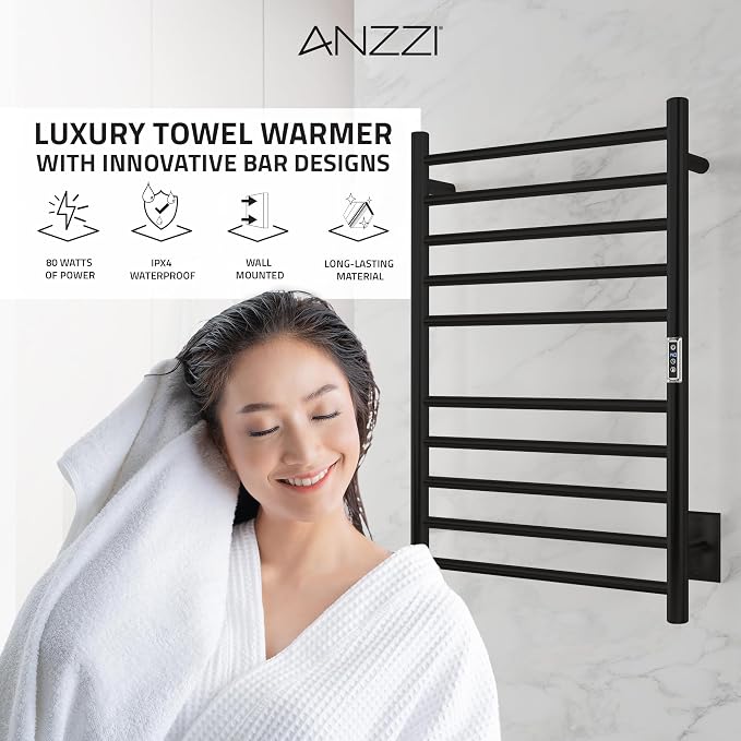 Bali Series 10-Bar Wall Mounted Electric Bathroom Towel Warmer Rack in Matte Black Finish Stainless Steel
