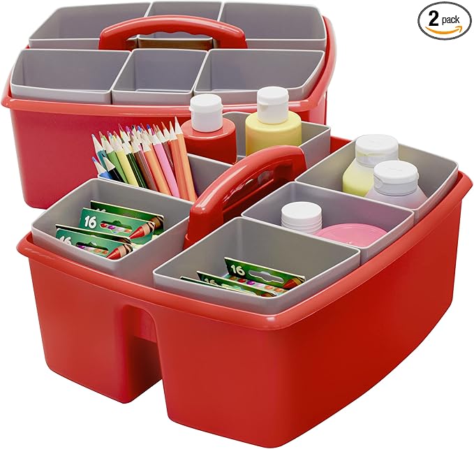 Storex Large Classroom Caddy with Cups, 13 x 11 x 6.575 Inches, Red, Case of 2 (00981U02C)