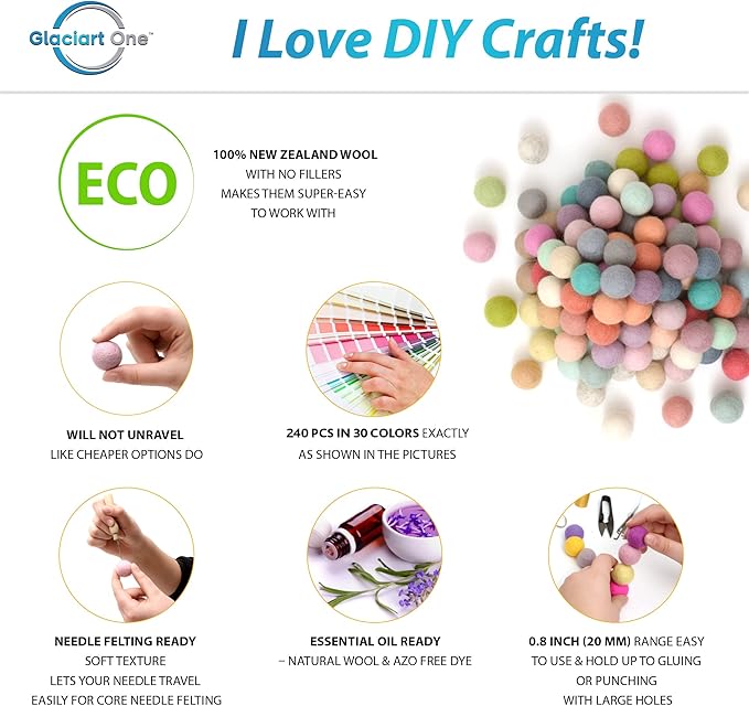 Glaciart One Felt Pom Poms, Wool Felt Balls (240 Pieces) 2 cm – 0.8 Inch, Handmade Felted 30 Pastel Colors (Green, Pink, Blue, Yellow and More) Bulk Small Puff for Felting and Garland