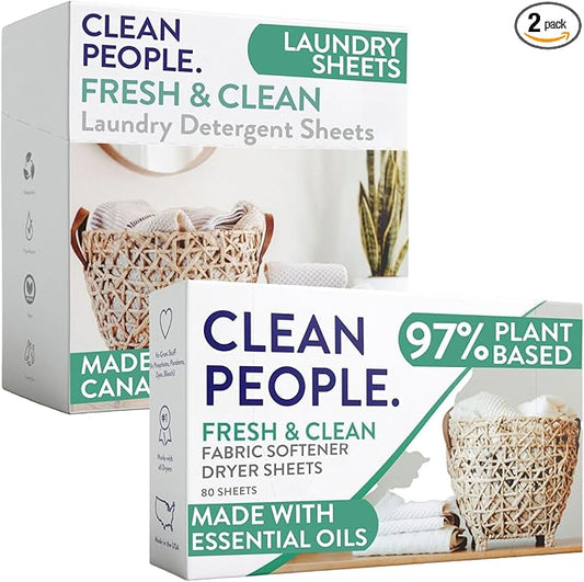 Clean People Ultra Concentrated Laundry Detergent Strips & Fabric Softener Sheets - Plant-Based, Eco Friendly Laundry Detergent 96ct & Dryer Sheets 160ct (Fresh Scent)
