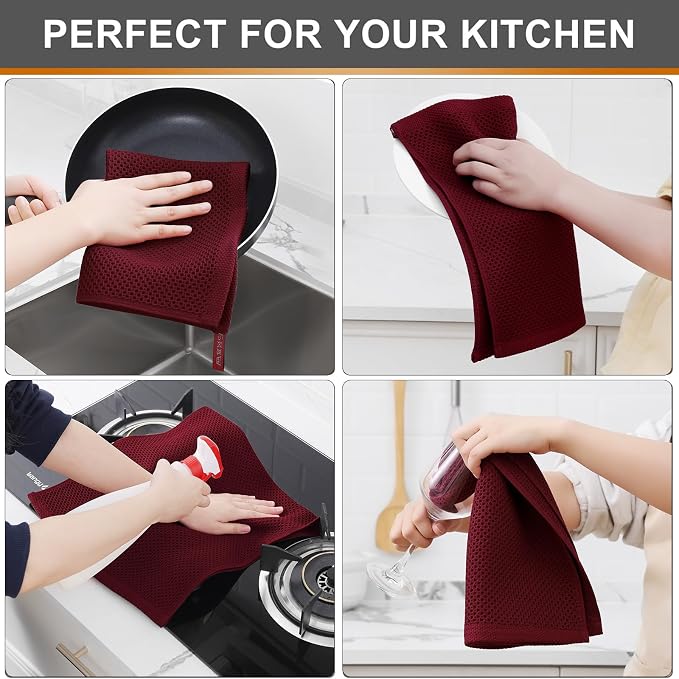 Kitinjoy 100% Cotton Waffle Weave Kitchen Hand Towels (13 X 28 Inches, Burgundy), 4-Pack Super Soft and Absorbent Dish Towel for Drying Dishes