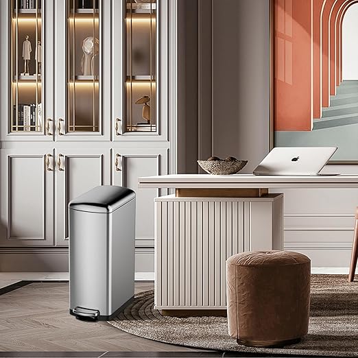 GarveeHome 8 gal Slim Rectangular Stainless Steel Trash Can with Soft Close Lid and Removable Bucket for Kitchen, Bathroom, Office, Silver