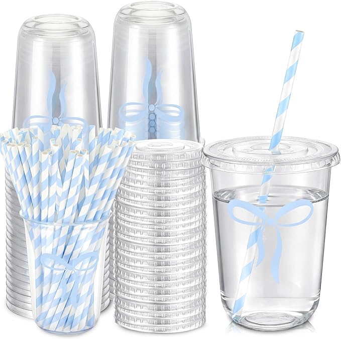LemonRoad 50sets 16oz Blue Bow Cups Blue Birthday Party Decorations Supplies Cute Plastic Cups Disposable with Lids and Straws, for Valentines Galentines Day Christmas Wedding Baby Shower Decorations