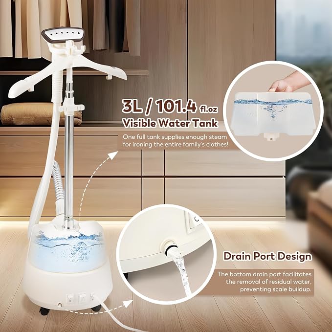 CGOLDENWALL Commercial Upgraded Standing Garment Steamer for Clothes with Drain Port 1650w Continuous 70 mins Powerful Steam 30s Fast Heat-up,Include Fabric brush, Ironing pad, Gloves,Trouser Clips