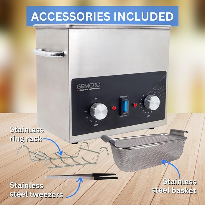 GemOro Ultrasonic Jewelry Cleaner | Heated Stainless Steel Personal Gentle Cleaner with Basket | Professional Performance Machine for Rings Watches Glasses Earrings